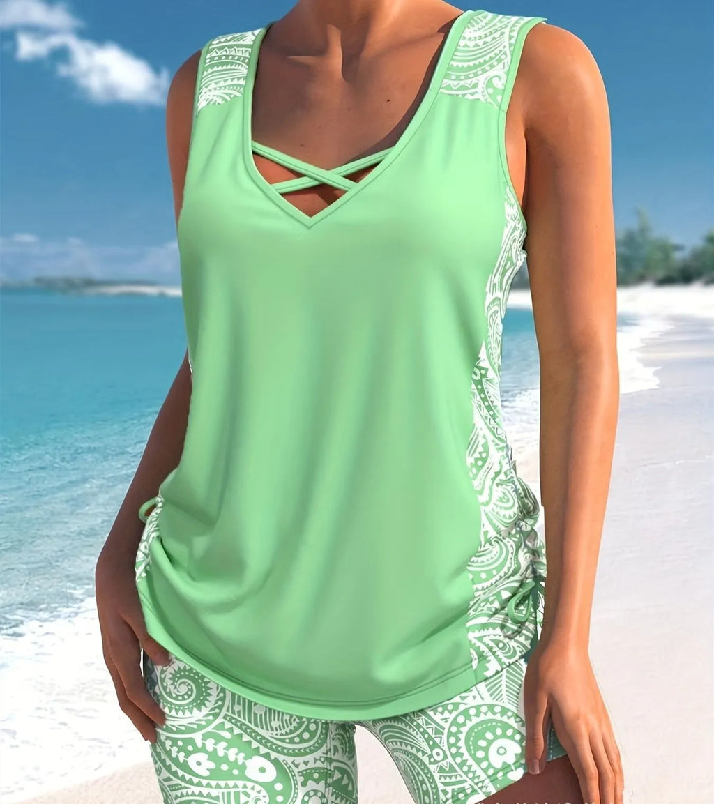 Women's printed split boxer swimsuit set with tank top and shorts in multiple colours
