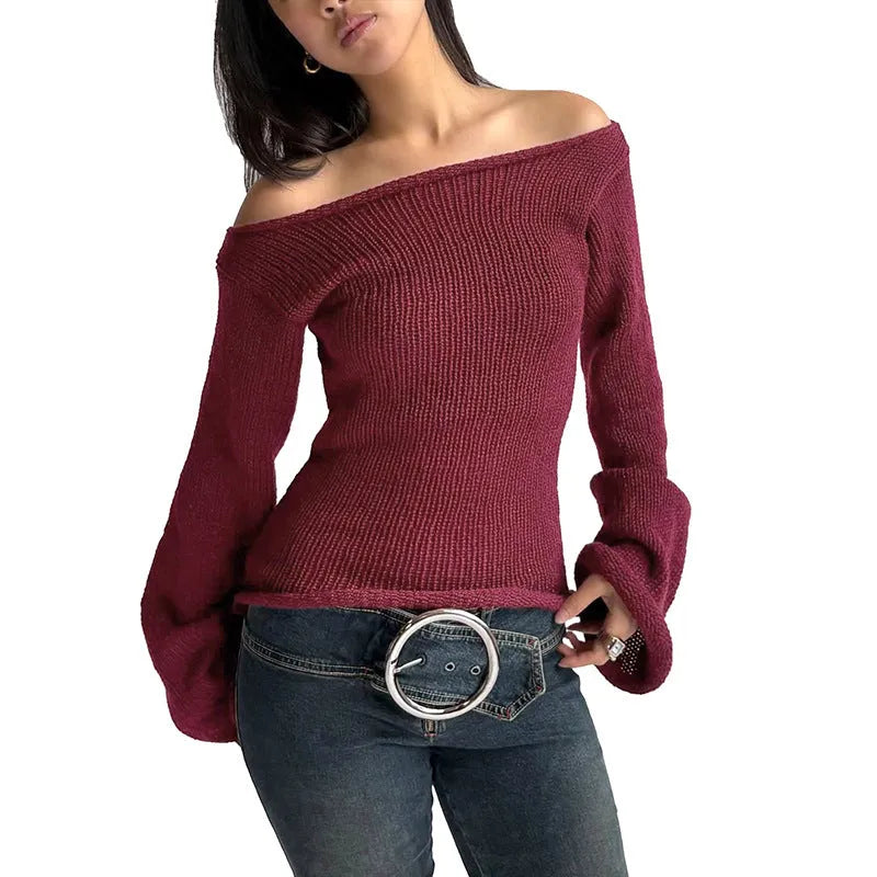 New solid colour slim-fit bell sleeve t-shirt with boat neck in burgundy, front view on model