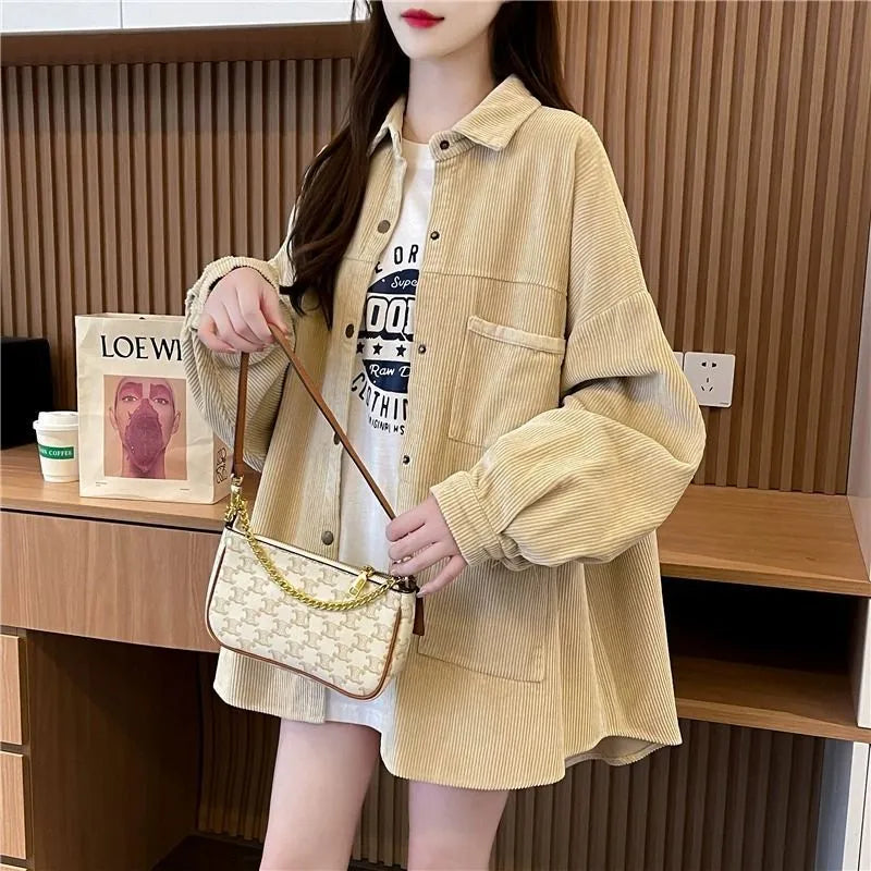 Loose corduroy shirt jacket in yellow, apricot or green, long sleeve cardigan style, sizes M to XXL.