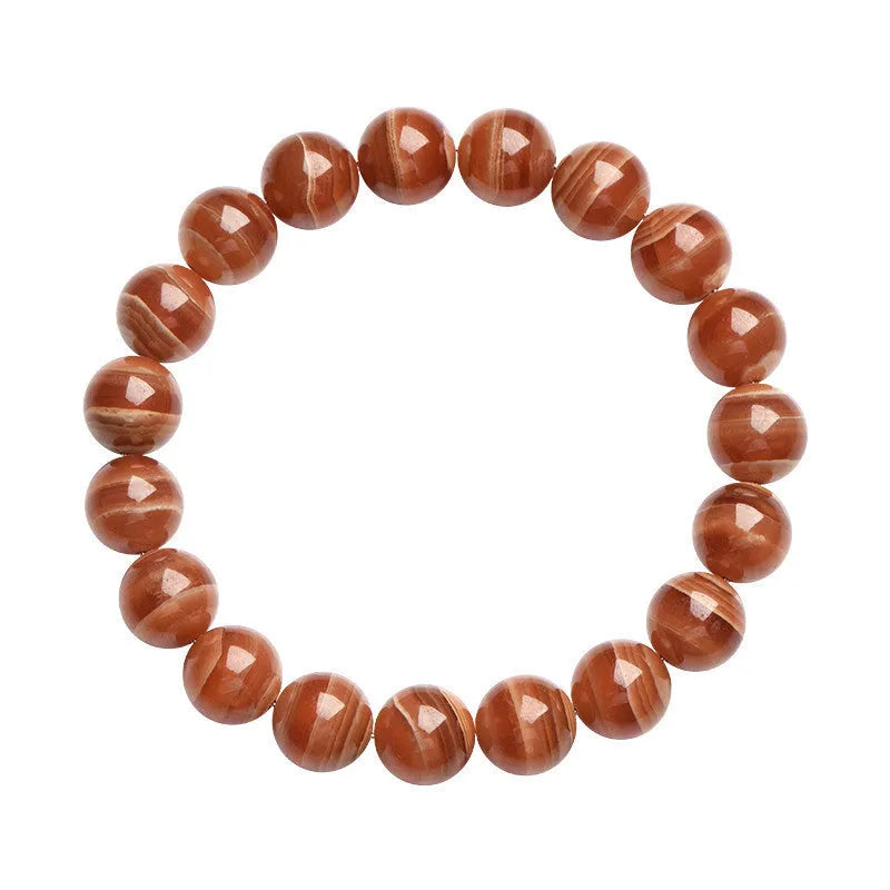 Natural Old Mine Rhodochrosite round bead bracelet with Ruyi charm, shown in 6mm and 8mm size options.