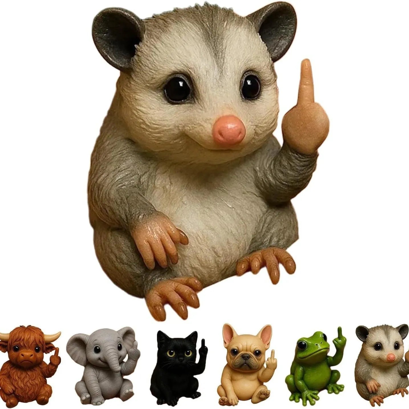 Resin animal figurine with middle finger gesture in cat, dog, elephant, frog, mouse, turtle or Highland cattle style