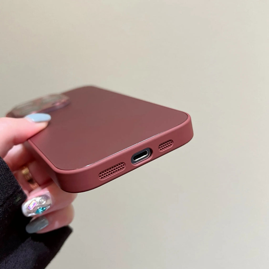 iPhone 15 Pro Max frosted PC phone case in shiny black with all-inclusive design and glass lens protector