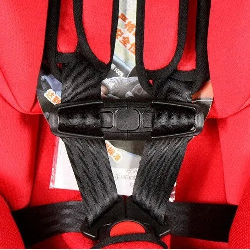 Black nylon seat belt buckle clip for child car seat 5-point harness measuring 14.5cm by 4cm
