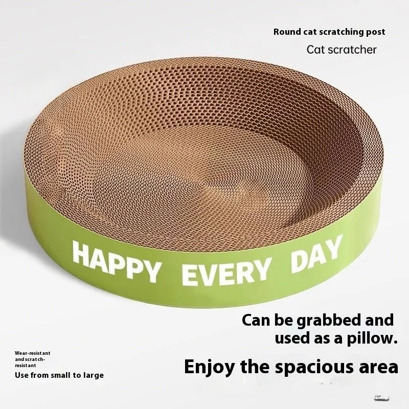 Green round cat nest with a central sisal scratching surface and soft inner cushion.