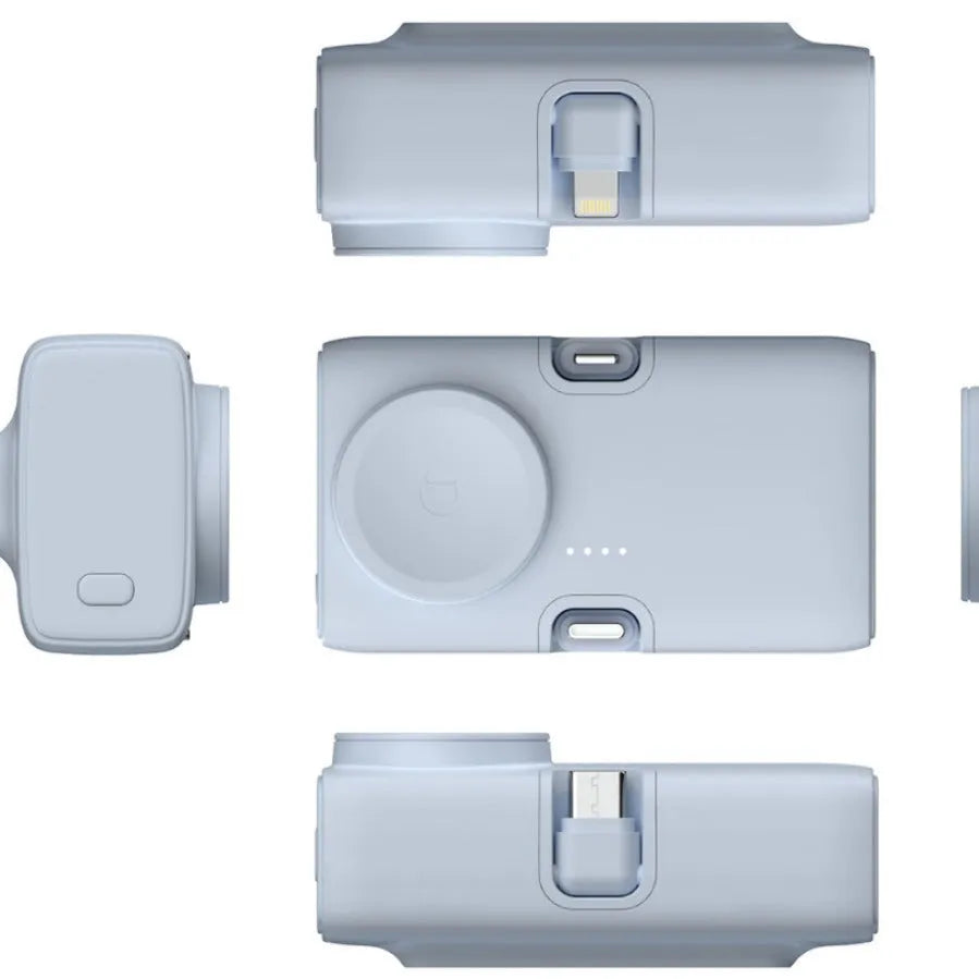 Compact white plastic wireless power bank showing front view with dimensions