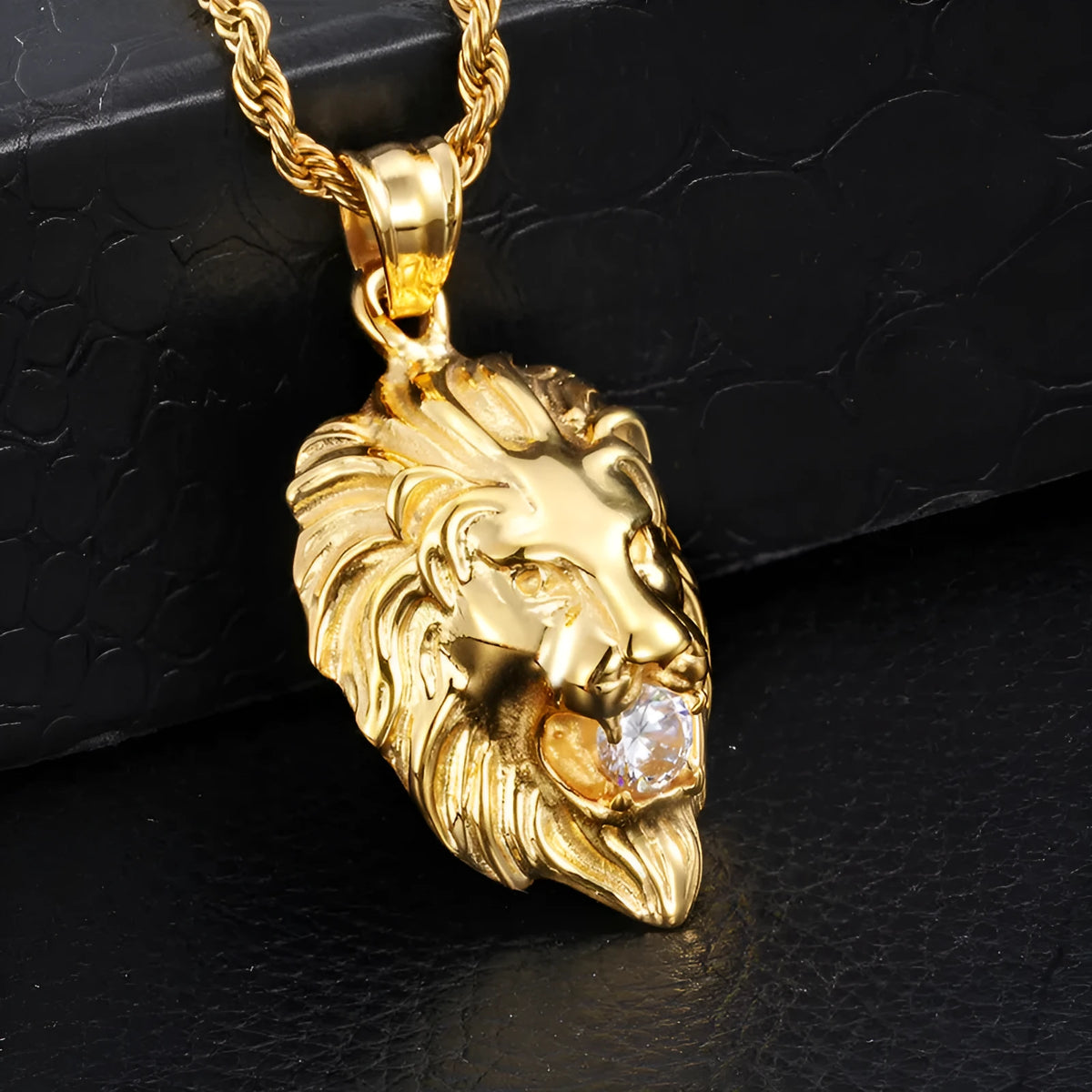 Gold alloy lion's head pendant necklace for men on display