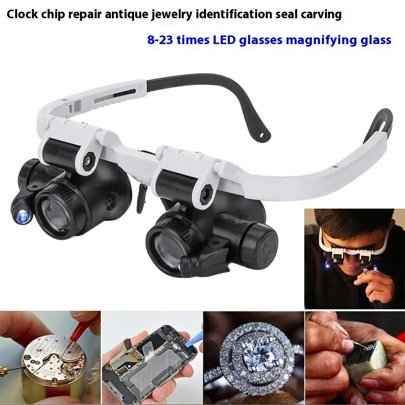 White head-mounted magnifying glass with LED light, shown folded and unfolded for watch repair work.