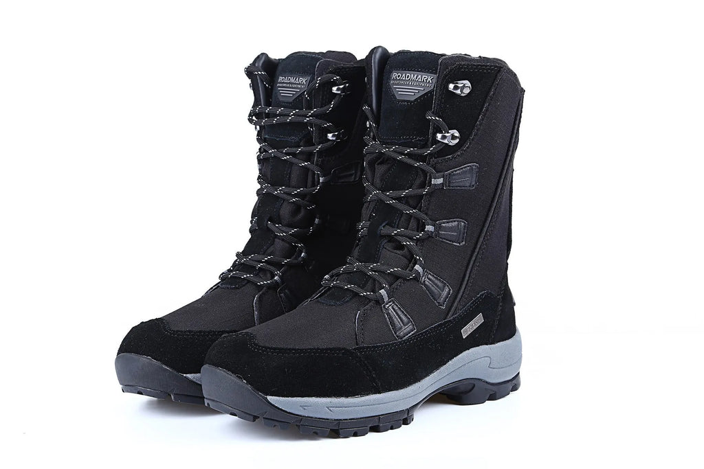 Women's black genuine leather mid-calf snow boots with a round toe and rubber sole.