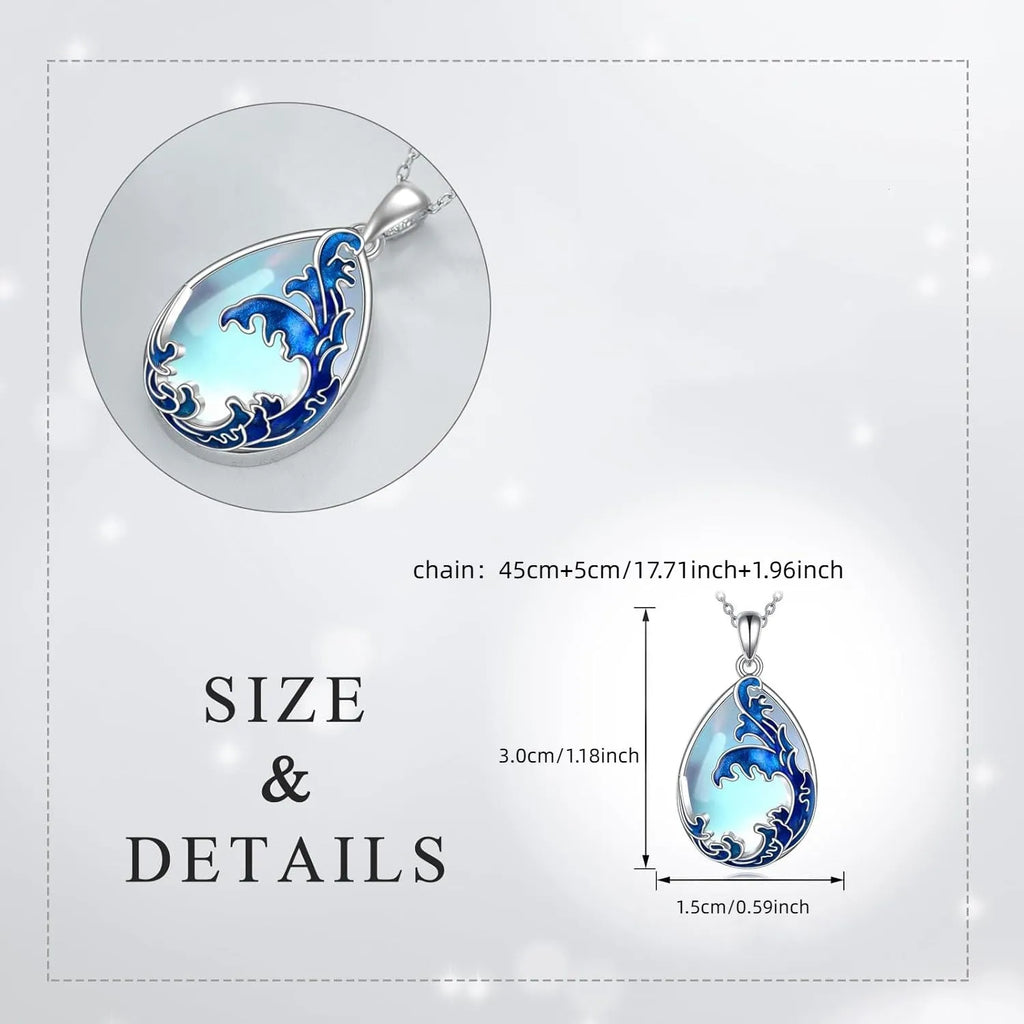 Blue heart-shaped alloy pendant necklace for women showing moonstone colour finish.