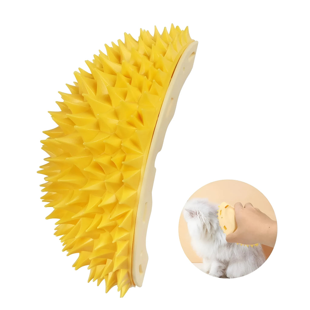 Yellow durian-shaped cat corner scratcher and massage comb mounted on a wall.