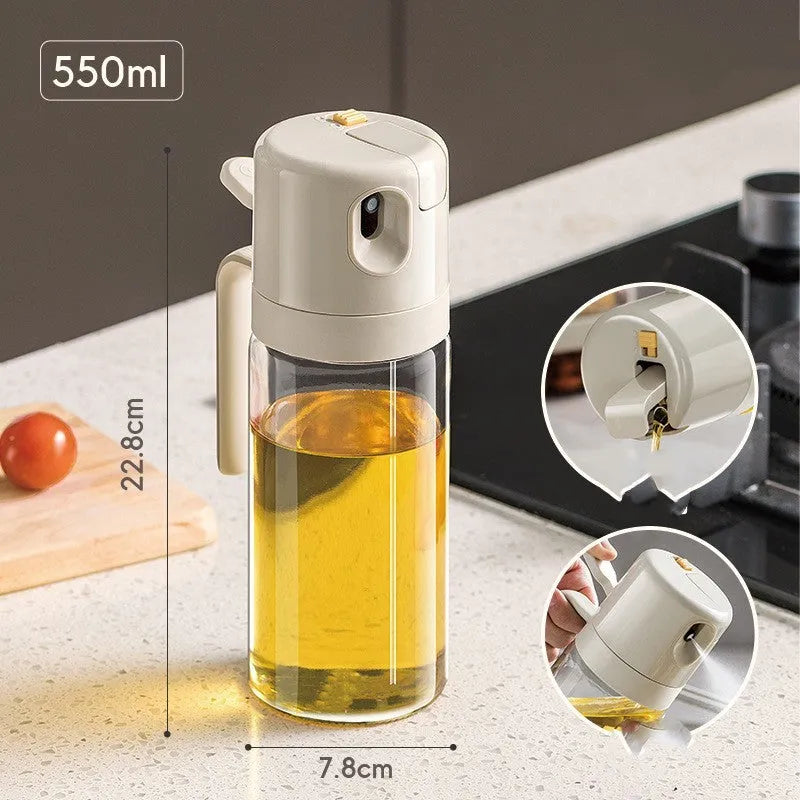 Warm grey 550ml glass oil sprayer bottle with dual pouring and spraying functions