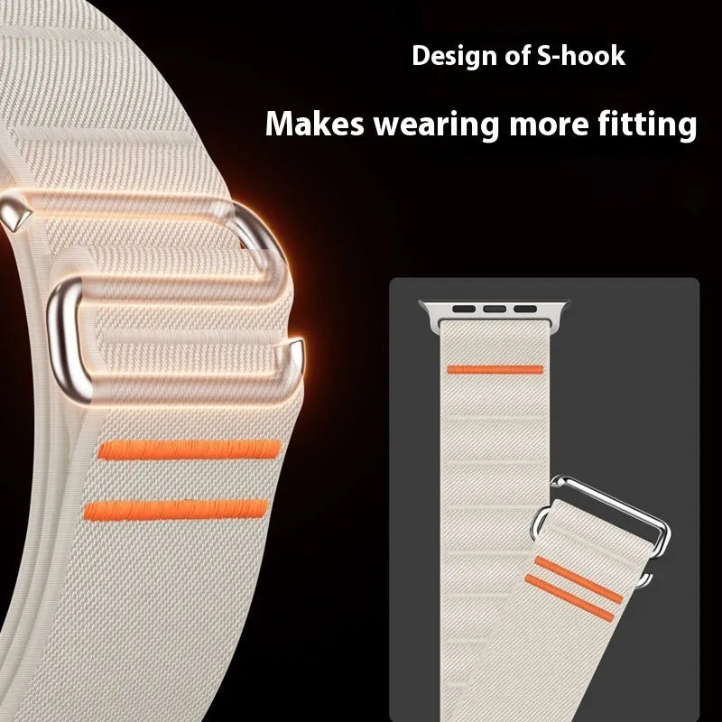Elastic nylon Apple Watch replacement strap with stainless steel buckle shown in Army Green colour.