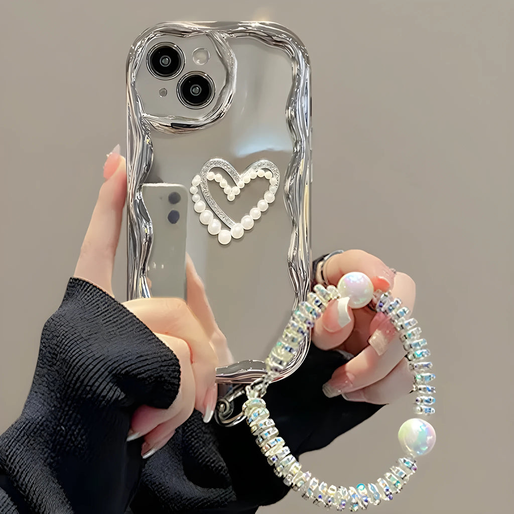 Silicone phone case for iPhone with three-dimensional pearl chain and electroplated bracelet in Silver Gray colour
