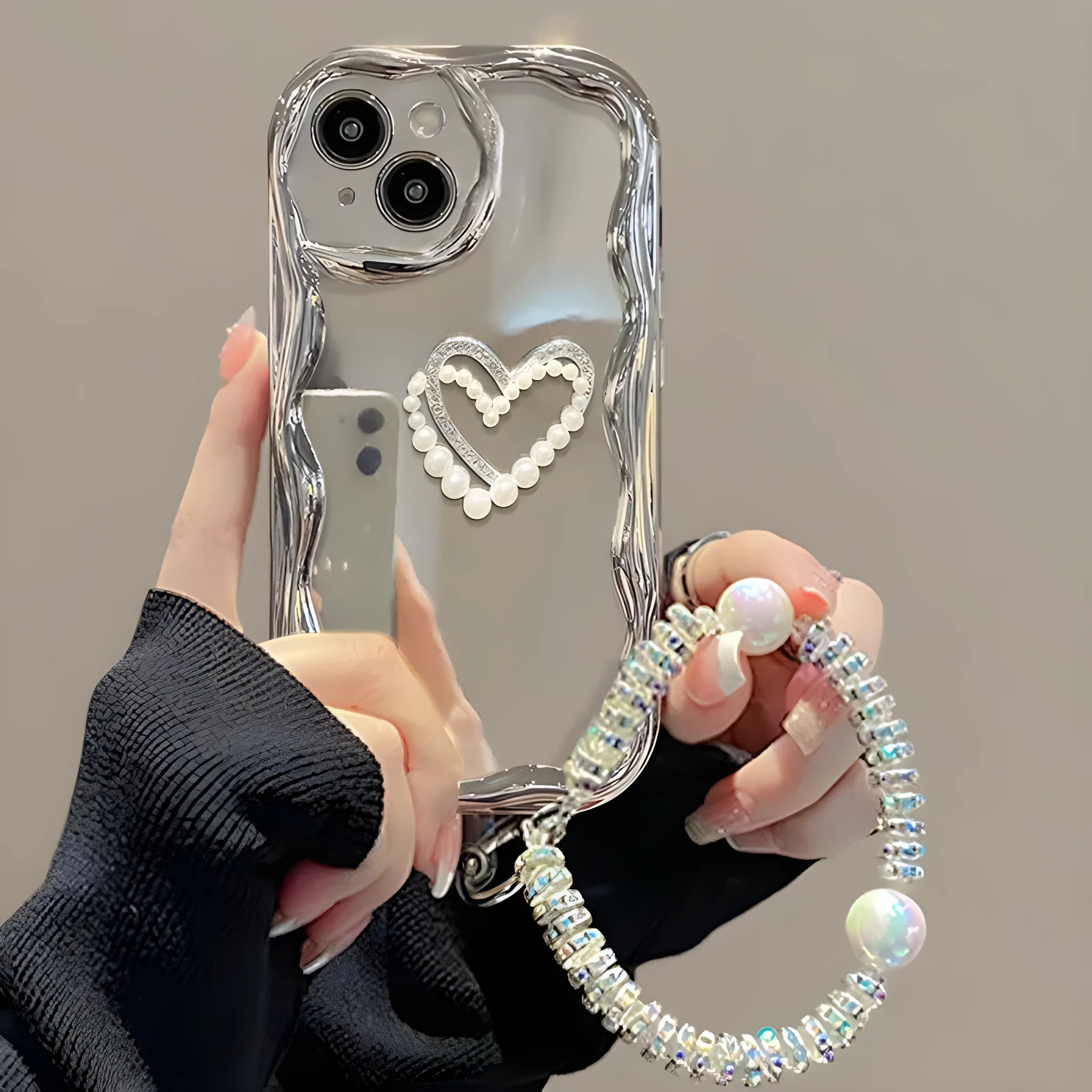 Silicone phone case for iPhone with three-dimensional pearl chain and electroplated bracelet in Silver Gray colour