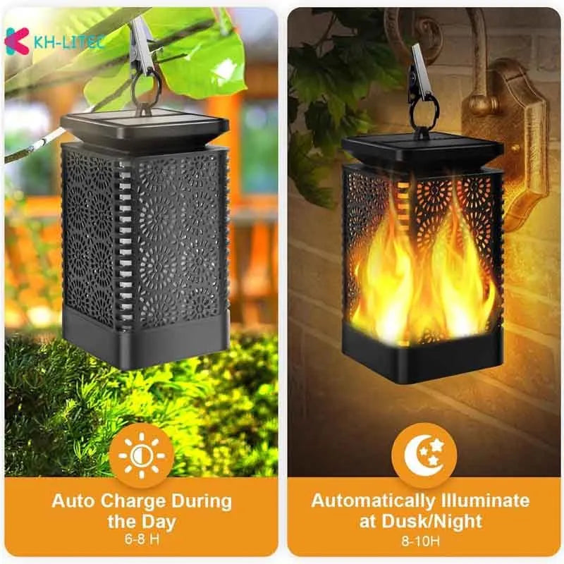Set of four black solar-powered garden torch lights with flickering flame LED effect on a patio.