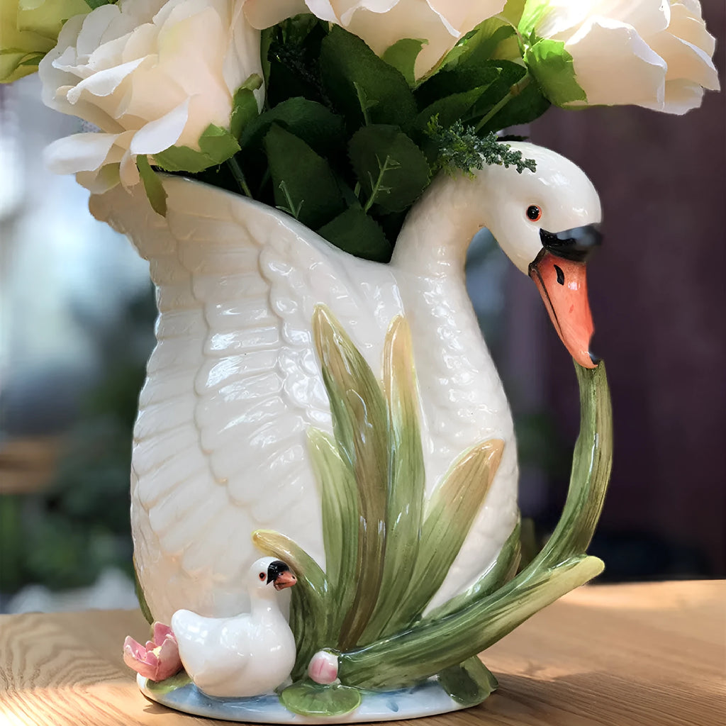 Ceramic vase with embossed swan design in pastoral style, dimensions 24.1x15.2x20cm, picture colour