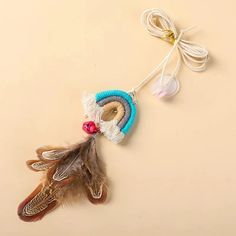 Feather cat rope door hanging toy with elastic swing and sticky buckle clamp in blue, green, or pink colours