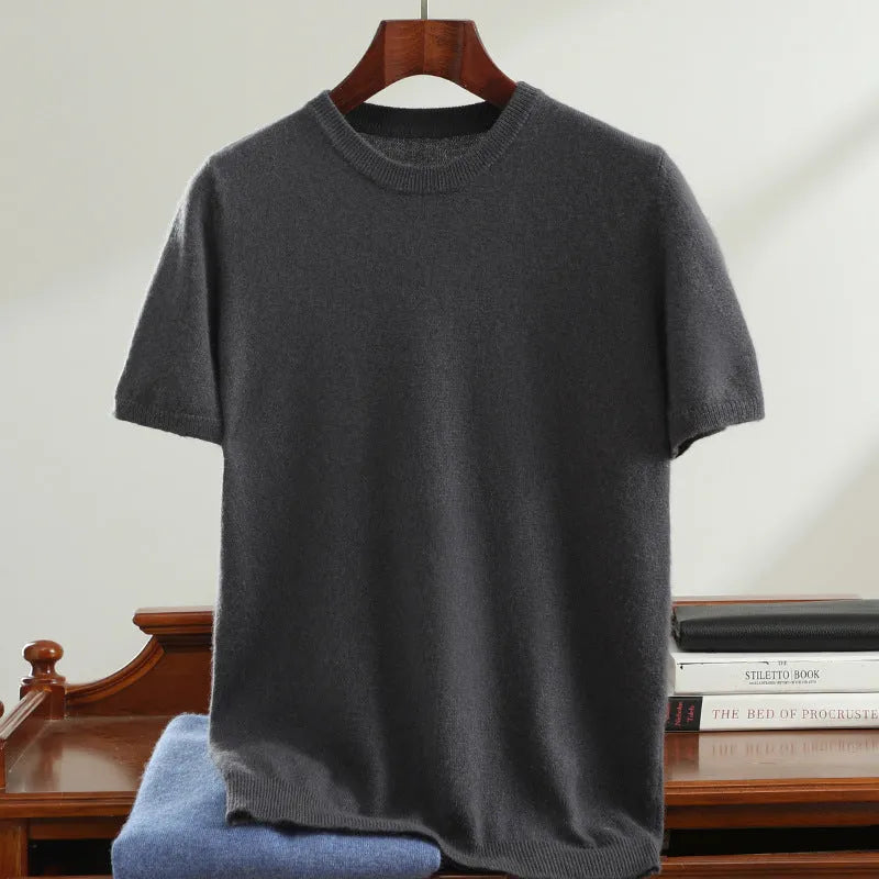 Men's round neck short sleeve sweater pullover in Calm Black, loose fit regular yarn knit