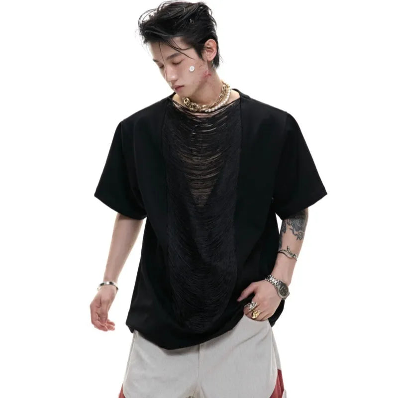 Men's black V-neck T-shirt with hollow out pattern and tassel detail