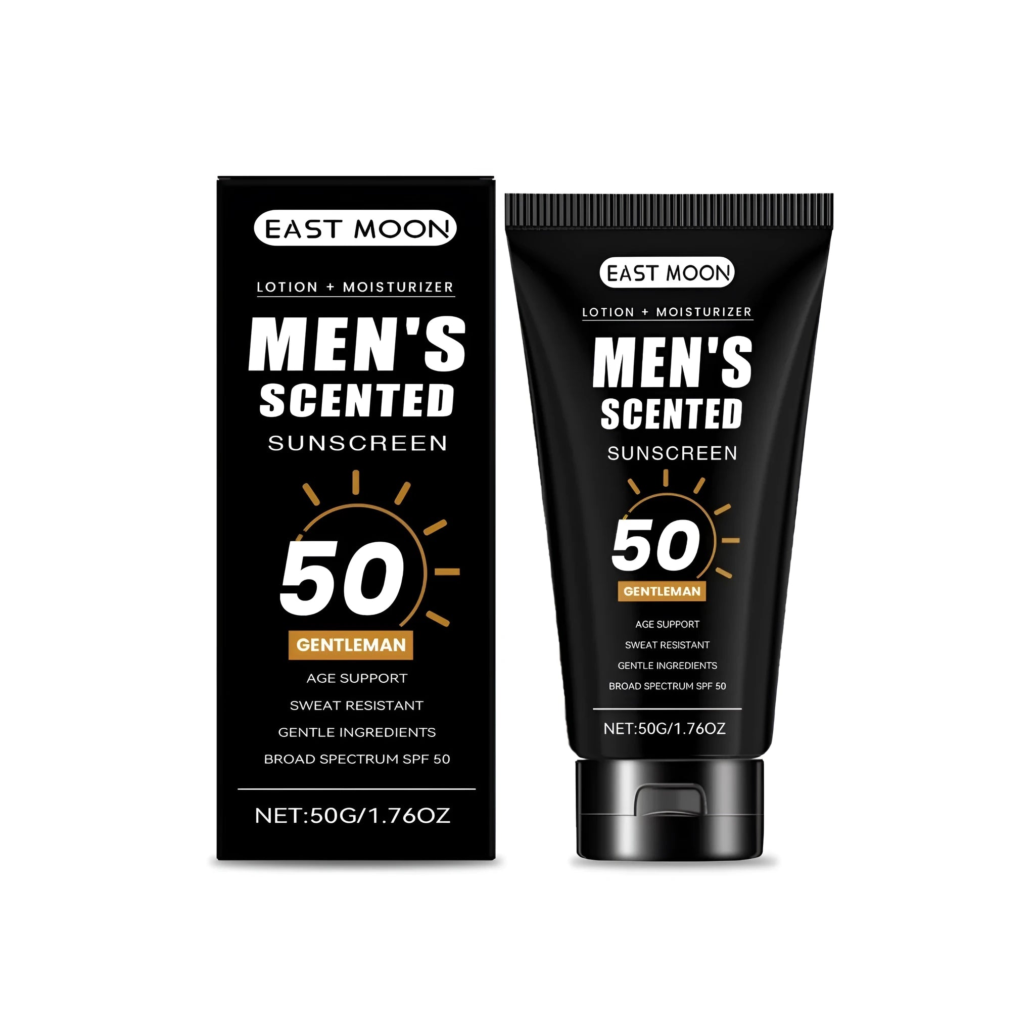Men's moisturizing sunscreen 50g tube with broad spectrum UV protection label