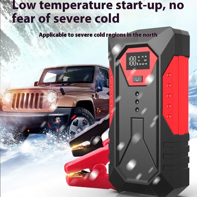 Red 12V car jump starter power bank with battery clamps and 18800mAh capacity