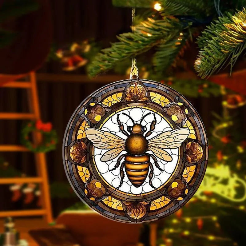 Round clear acrylic pendant with yellow and black bee disc cartoon design