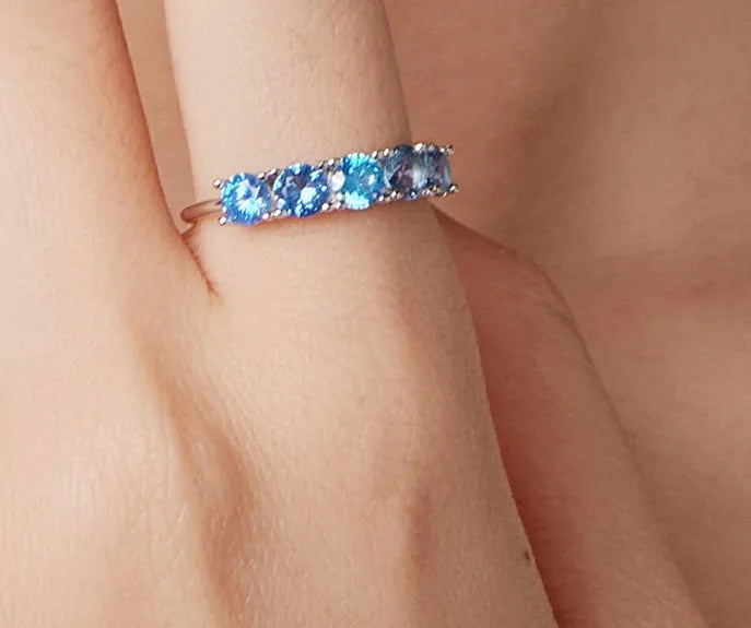 Gradient blue zircon S925 sterling silver geometric ring for women, US sizes 6, 7 and 8