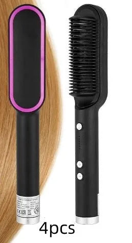 Red and black dual-function 2-in-1 hair straightener and curling tong hot comb on a white background