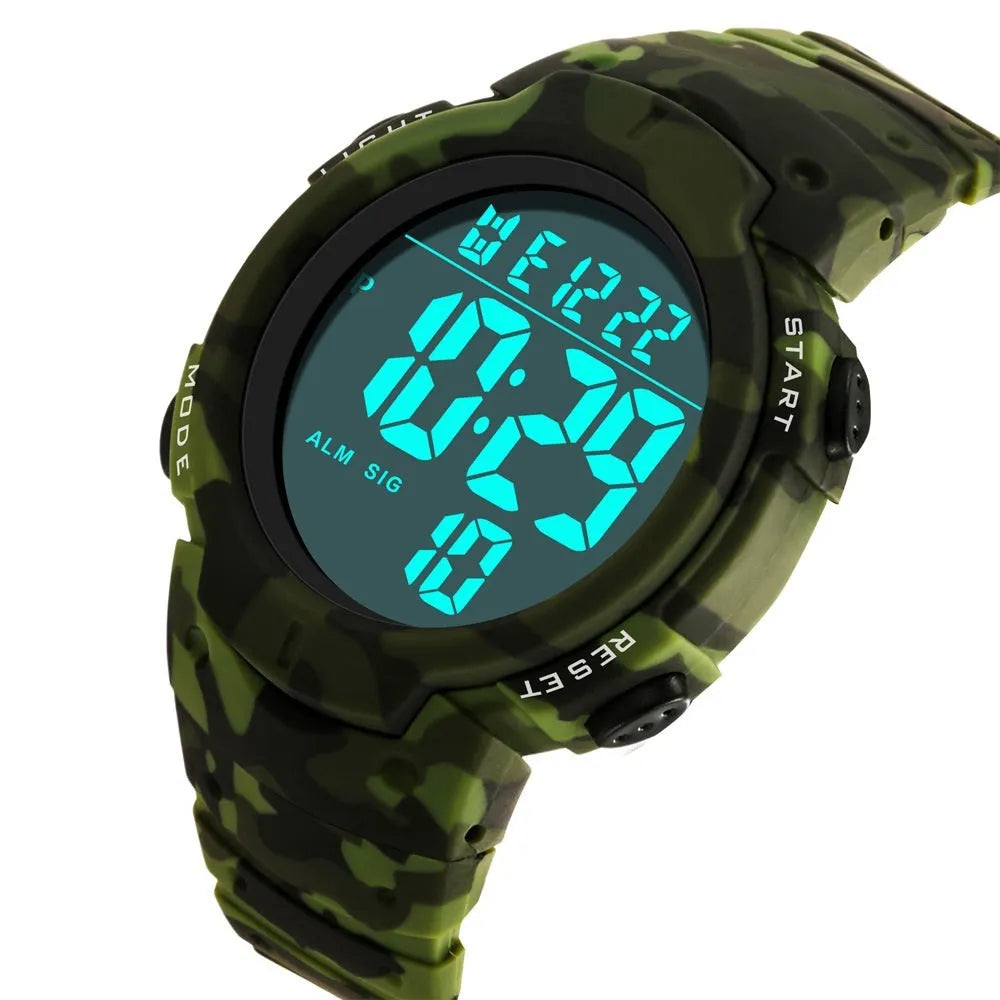 Waterproof male student sports electronic watch with 47.42mm digital dial, plastic band, and stainless steel buckle