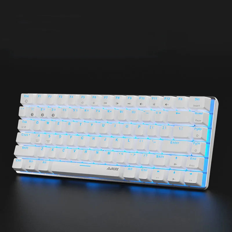 Heijue AK33 82-key mechanical keyboard black shaft white light version on desk with metal panel