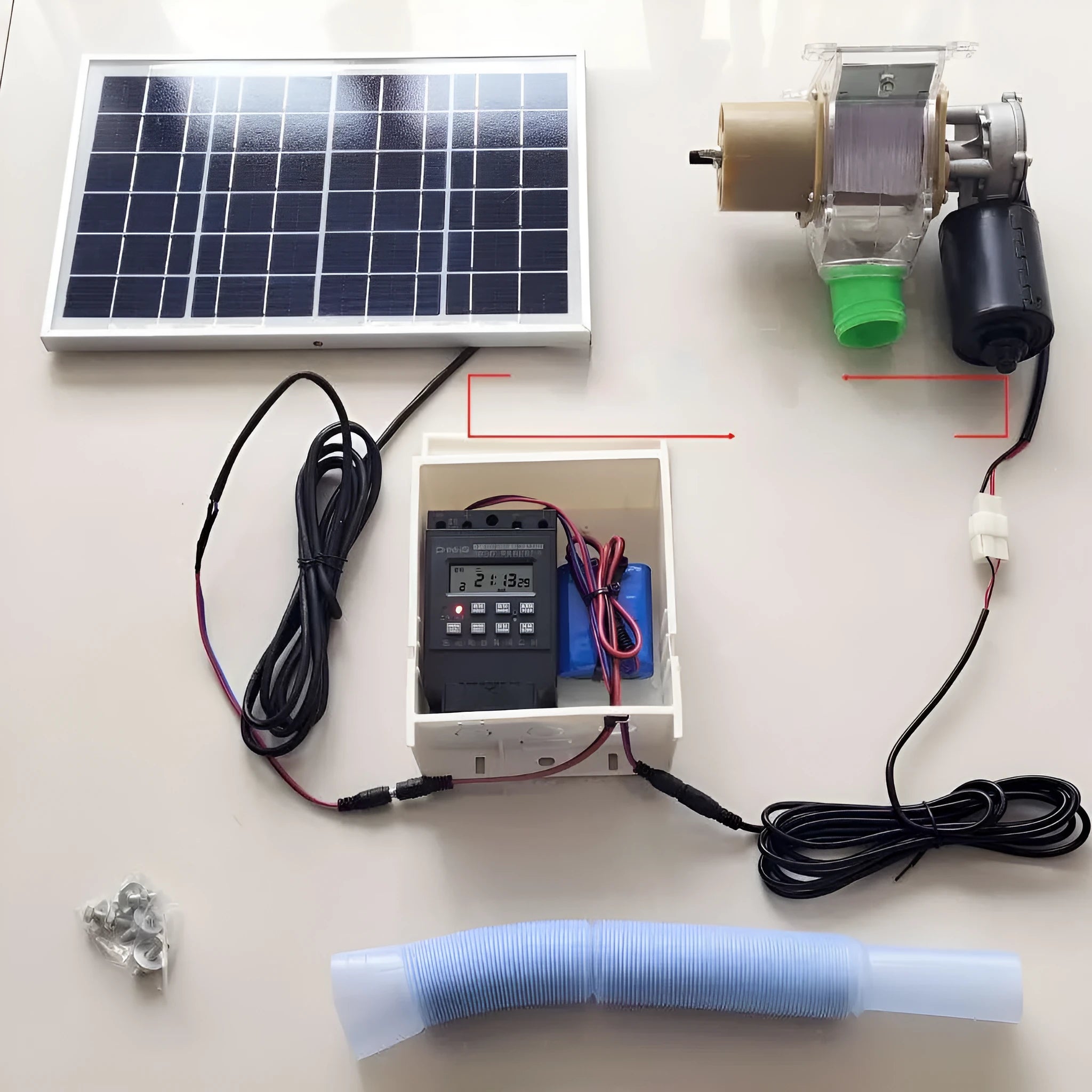 Solar panel automatic animal feeding machine with timer for chickens and ducks.