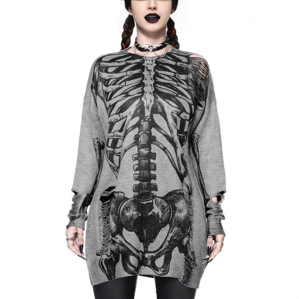 Women's grey viscose knit pullover jumper with long sleeves, loose fit, and character pattern