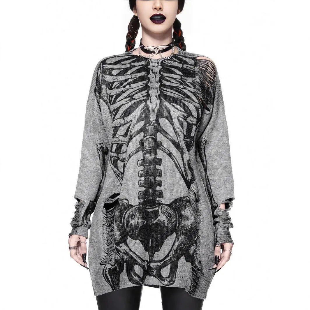 Women's grey viscose knit pullover jumper with long sleeves, loose fit, and character pattern