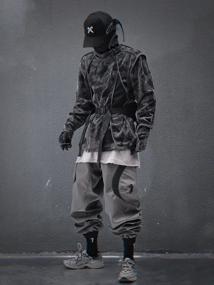 Men's black tie dye pullover sweater with full printed pattern and drop shoulder sleeves