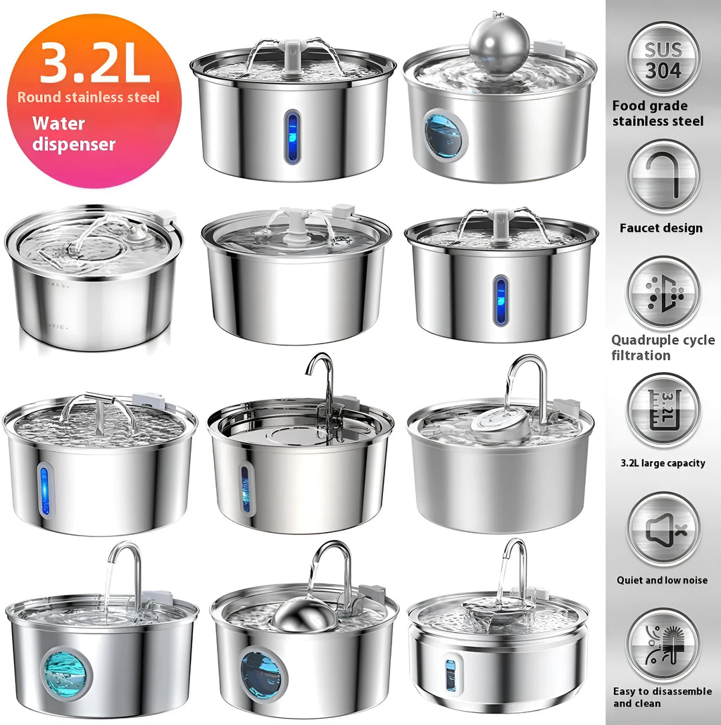 Stainless steel pet water dispenser with round runway design and bowl-window faucet