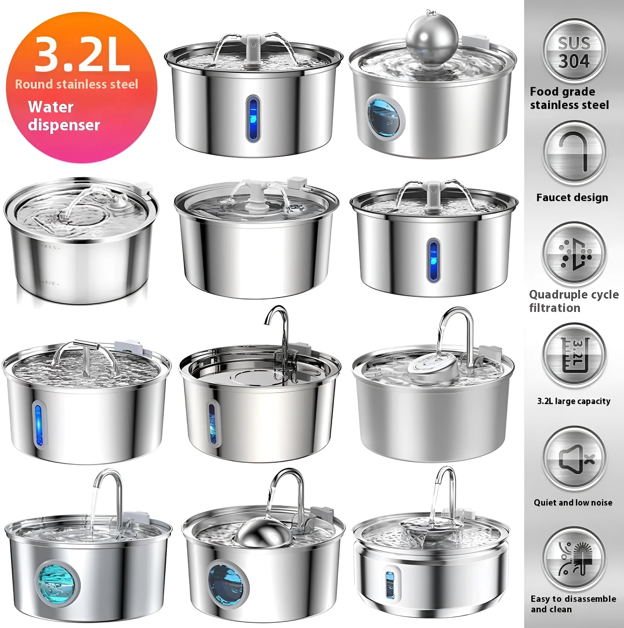 Stainless steel pet water dispenser with round runway design and bowl-window faucet