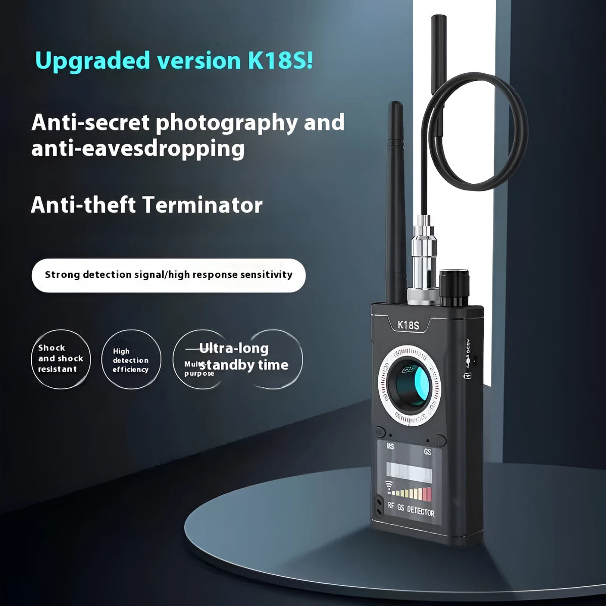Anti-eavesdropping detector with wireless, magnetic, and camera detection, 117 x 56 x 20 mm, American or European Standard