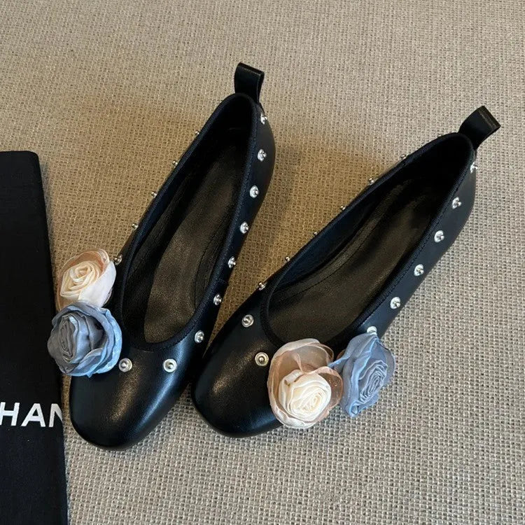 Silver DIY flower rivet Mary Jane shoes with a buckle, showing the round toe and flat rubber sole.