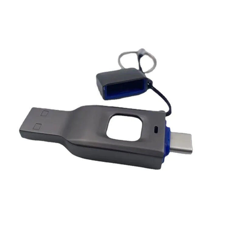 Black and silver fingerprint encrypted USB flash drive showing USB 3.0 and Type-C ports