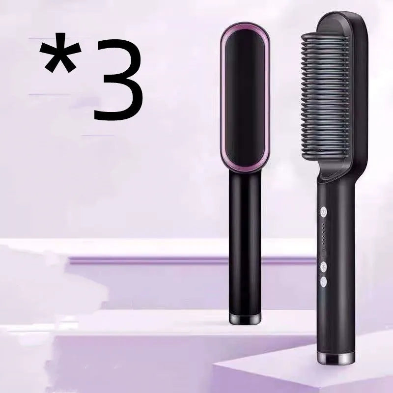 Red and black dual-function 2-in-1 hair straightener and curling tong hot comb on a white background