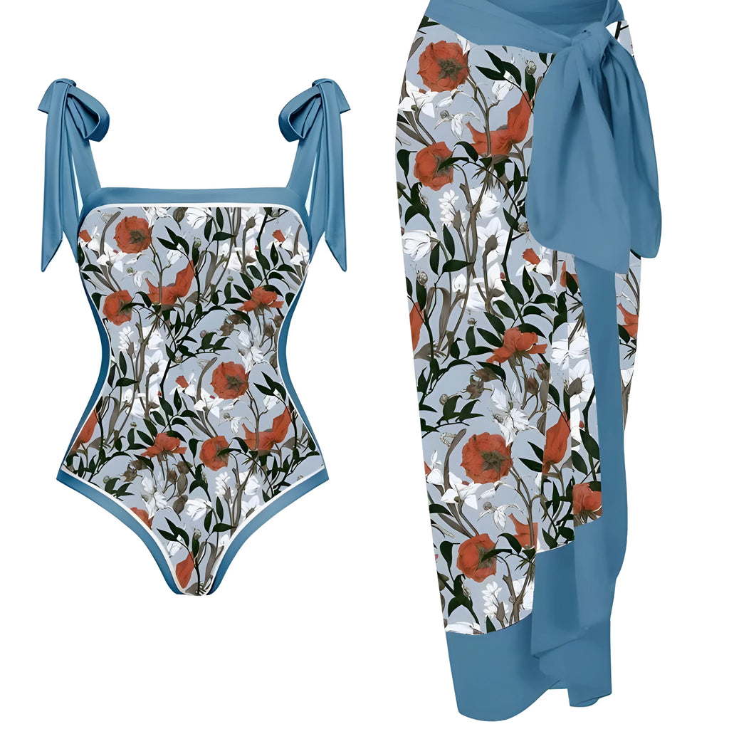 Women's floral print two-piece swimsuit with matching chiffon skirt
