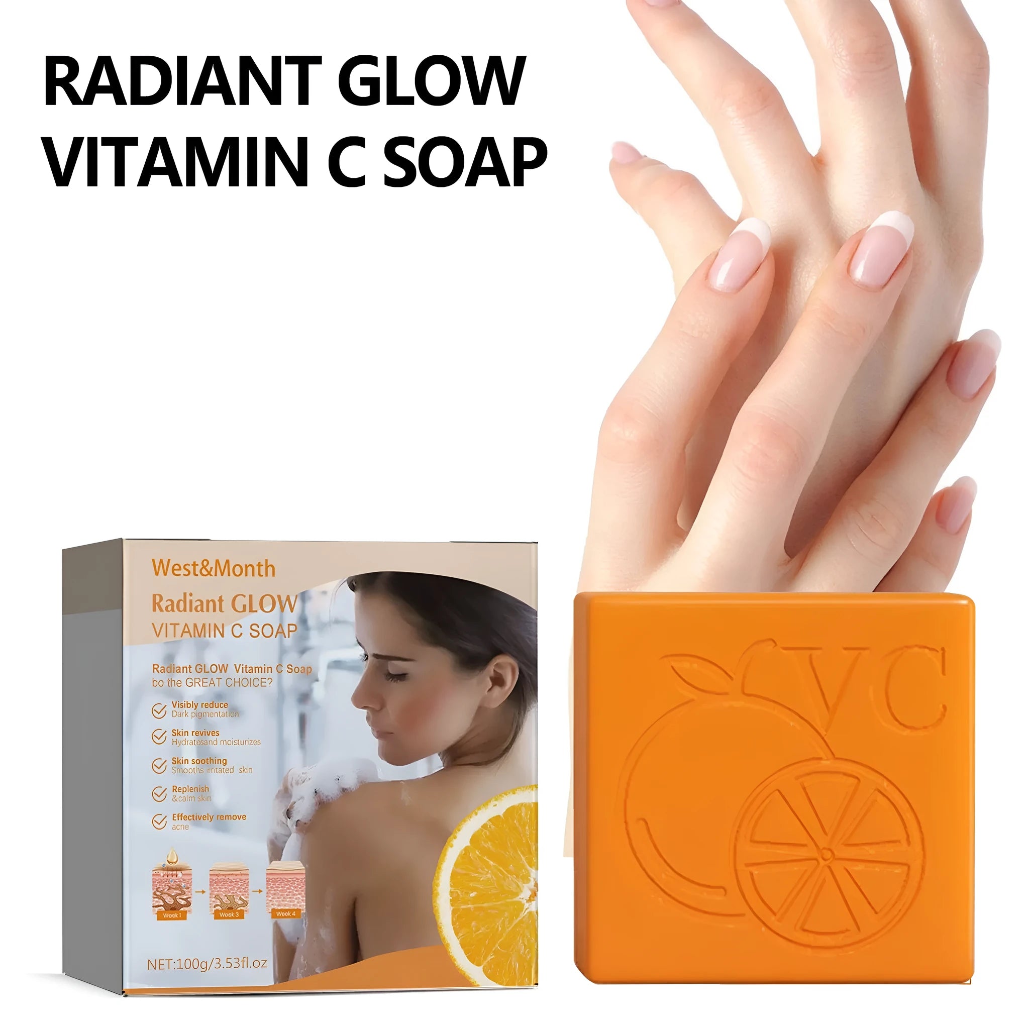 A single 100g white bar of whitening vitamin body soap with kojic acid and botanical extracts.
