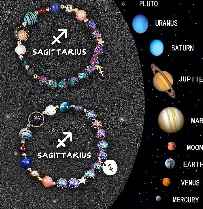 Pair of adjustable natural stone zodiac bracelets with sliding knot on a wrist, showing 8mm beads.