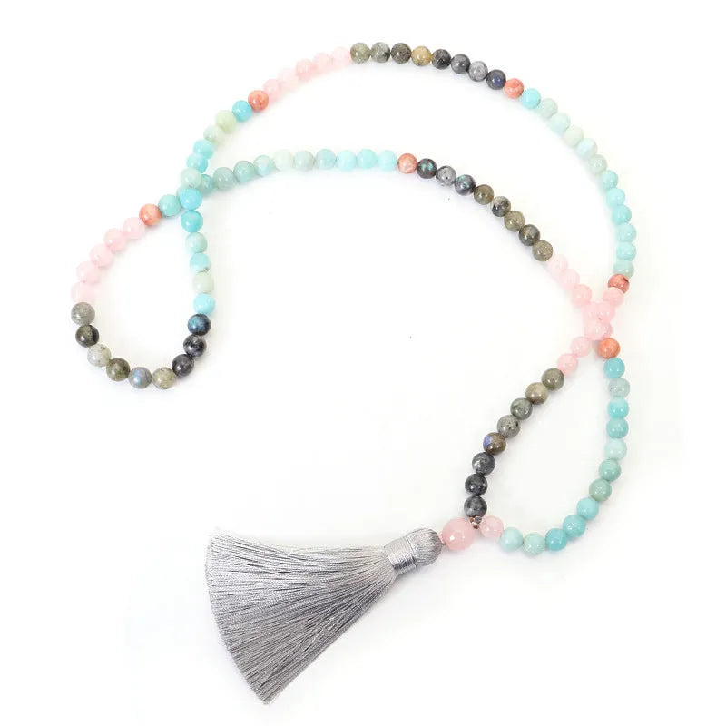 Colourful stone necklace and bracelet set with drop-shaped beads and bohemian tassel pendants