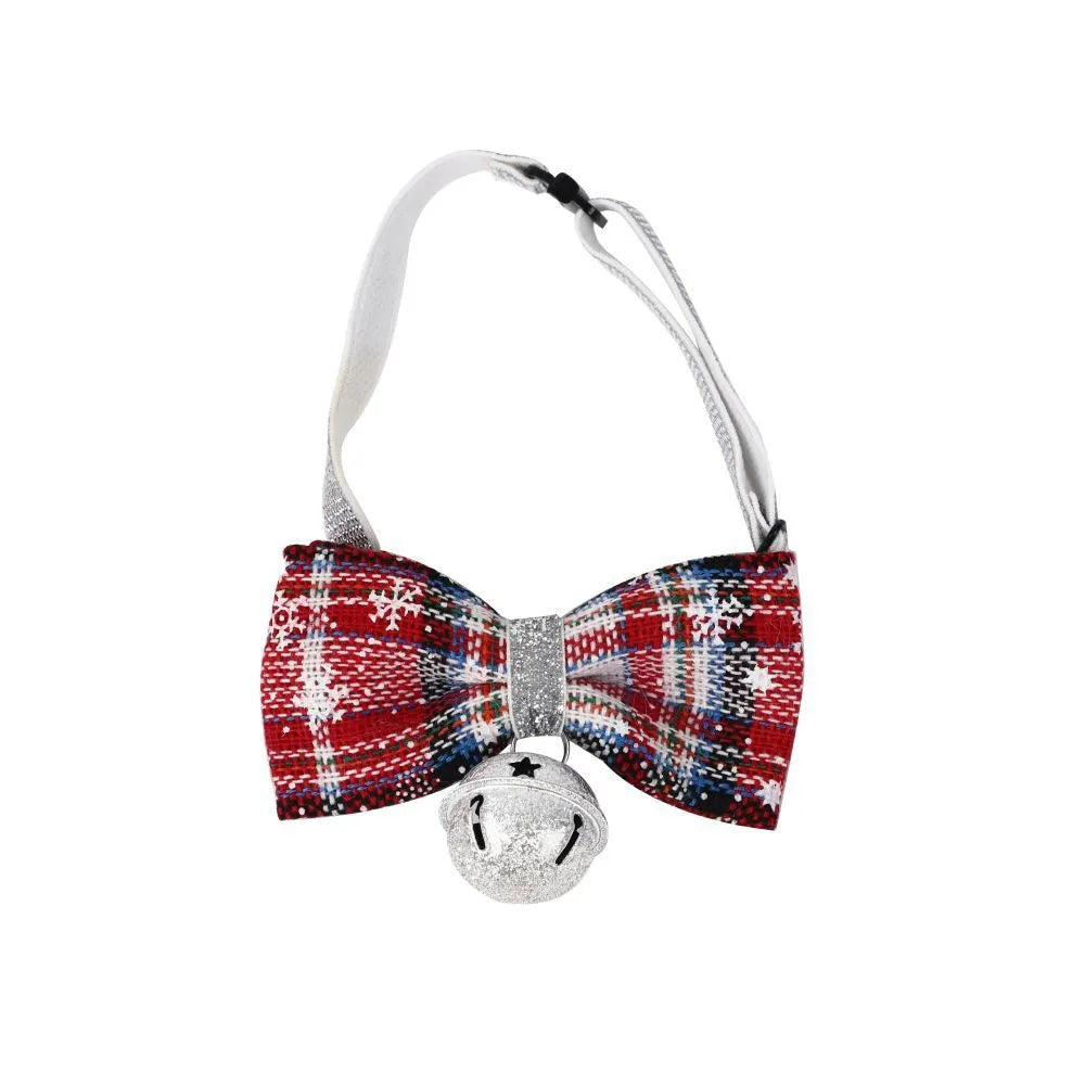 Red plaid Christmas triangle pet towel with embossed pattern, measuring 60x45cm, tied around a dog's neck.