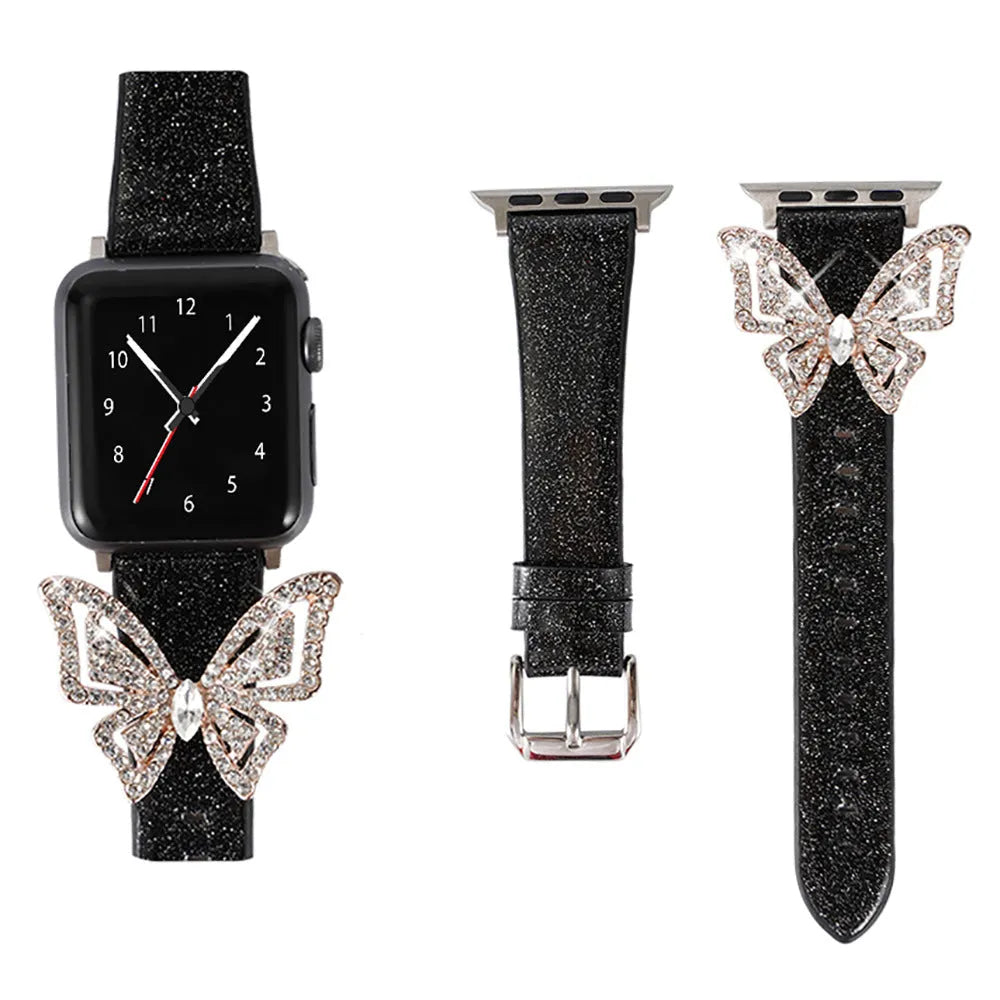 Apple Watch strap with glitter diamond butterfly design, leather band, Black Rose Gold Silver, 38to40mm 42to44mm