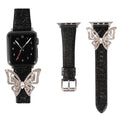 Apple Watch strap with glitter diamond butterfly design, leather band, Black Rose Gold Silver, 38to40mm 42to44mm