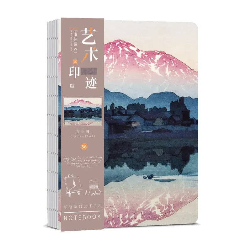 Ukiyo-e art hand ledger notebook open showing retro Japanese wave print cover and lined Daolin paper pages.