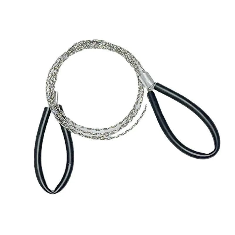 Outdoor survival wire saw with black leather hand case and coiled stainless steel cutting wire.