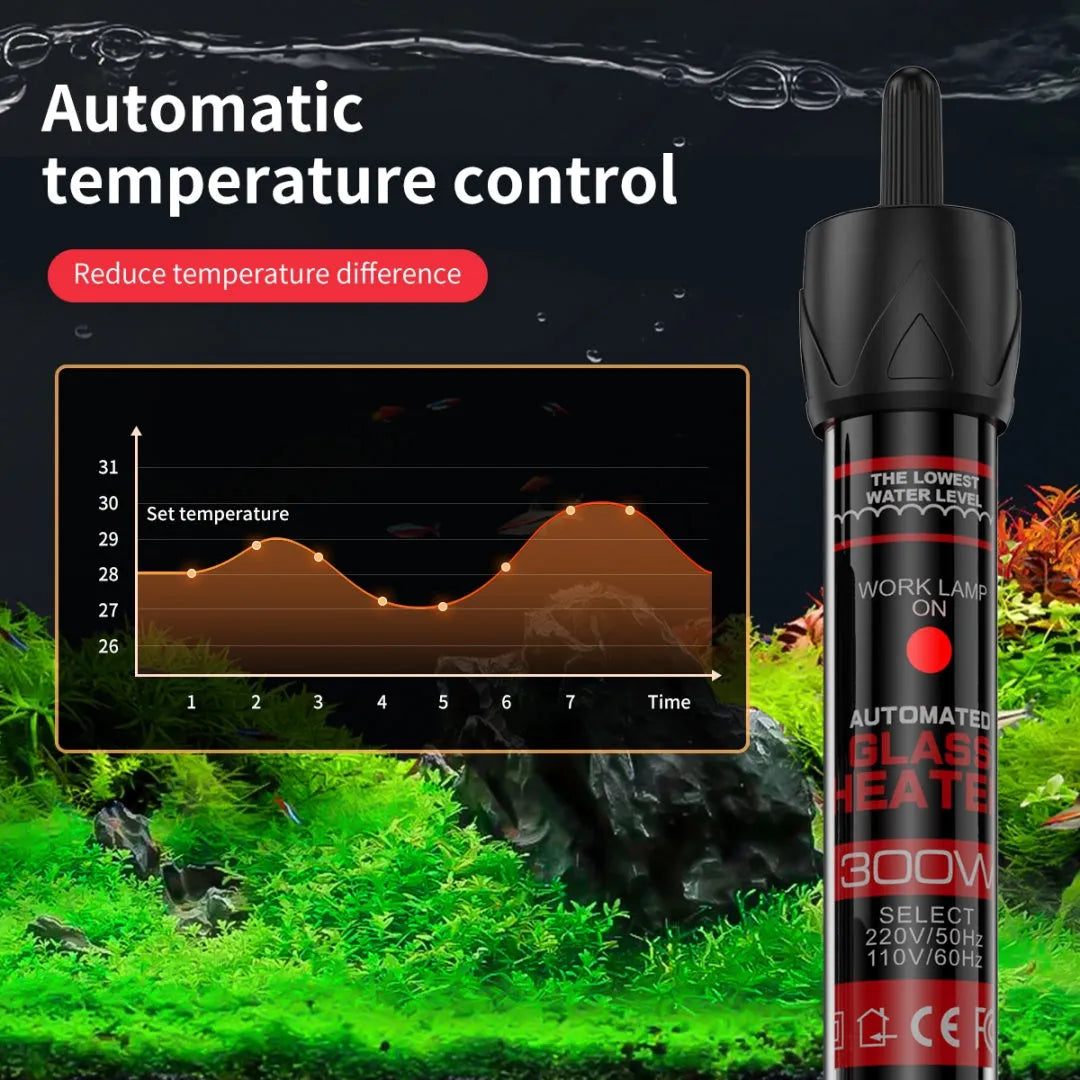 Aquarium glass pipe heater with quartz thermostat for fresh and sea water tanks, available in 25W to 300W.